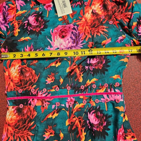 Hope & Ivy Green‎ Floral Midi Dress 8 High Neck Vibrant Bloomcore Button Detail - Picture 14 of 16